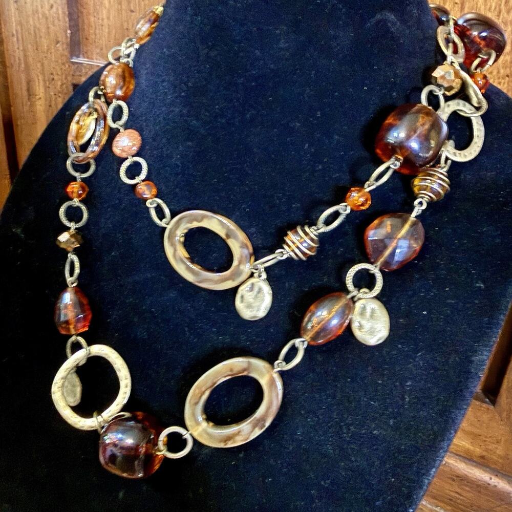 VTG Premier Designs Statement Necklace Antique Gold Toned Metal Amber Acrylic